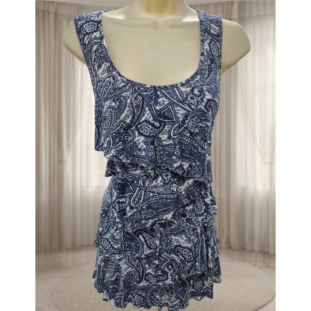 Dressbarn Women's Tier Layer Flowy Blue Paisley Blouse Sz L / Large